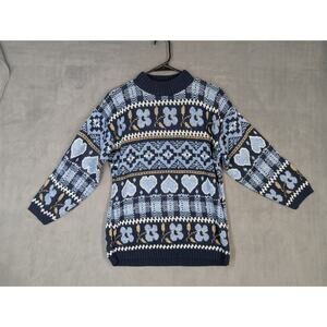 Adele Knitwear Sweater Womens Medium Blue Hearts Floral Vintage